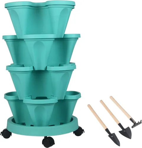 Miniatura 9 de Macetas apilables de polipropileno DUNCHATY, de 5 niveles, verde pino, para interior/exterior, 29" de altura x 13.6" de diámetro 2-1 Paquete