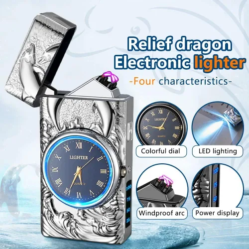 Miniatura 3 de GADATOP Encendedores eléctricos recargables, encendedores de plasma de diseño vintage, con reloj de delfín 3D, luz LED para acampar (plateado)