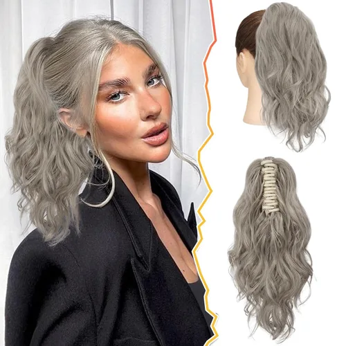Miniatura 14 de BARSDAR Extensiones de cola de caballo con clip de garra, extensiones de cabello corto ondulado negro de 14 pulgadas para mujer, extensiones