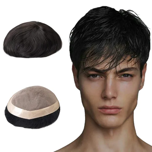 Miniatura 4 de Lordhair Sistema de cabello para hombres cabello humano real sistema de cabello para hombre fino mono con base de PU para hombre tupé negro 1B # 6 *
