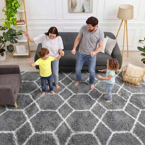 Miniatura 4 de ONASAR Alfombras de área para sala de estar y dormitorio, alfombra esponjosa lavable de 5x8 pies gris y blanca, alfombra de piso suave, afelpada
