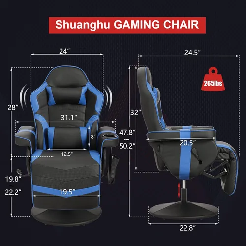 Miniatura 2 de Silla para juegos, silla reclinable para juegos con reposapiés, silla de juegos de piel sintética reclinable con masaje, sillas reclinables Azul