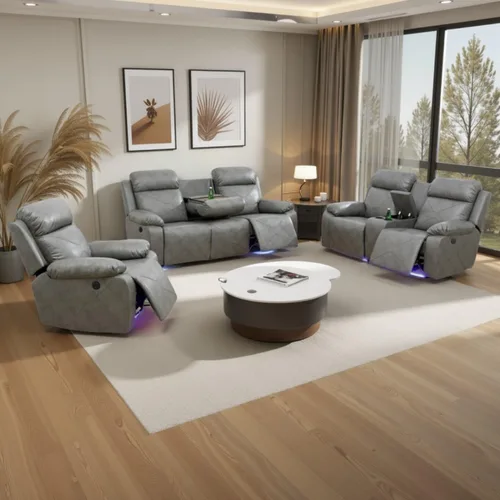 Miniatura 13 de Air Leather - Juego de sofá reclinable eléctrico con LED, juegos de muebles de sala de estar, juego de sofá reclinable eléctrico con puertos USB