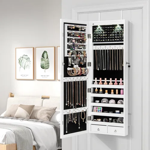 Miniatura 12 de Giantex Armario de joyería para puerta de pared con espejo de longitud completa, 2 LED con cerradura grande organizador de joyas con espejo ancho