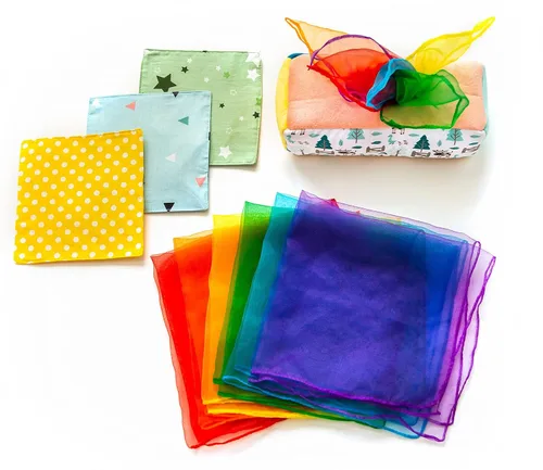 Miniatura 9 de Caja de pañuelos para bebé, juego Montessori para bebés y niños pequeños, caja texturizada sensorial con 12 bufandas coloridas a juego y 3 piezas