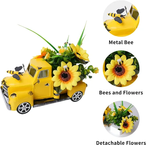 Miniatura 6 de Decoración de camión de metal de granja con suculentas artificiales, camioneta de hierro rústico con maceta sintética extraíble para decoración