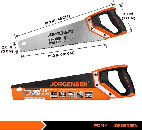 Miniatura 2 de JORGENSEN Sierra de mano profesional de 15 pulgadas, mango ergonómico de soldadura ultrasónica de aluminio antideslizante de corte fino 8 TPI