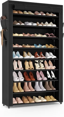 Miniatura 11 de VILICK - Zapatero con cubierta, organizador de zapatos estrecho con 4 bolsillos laterales, estante alto de 10 niveles, almacenamiento para 18-22