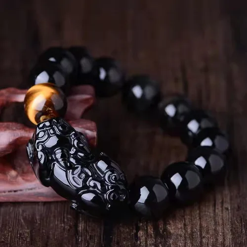 Miniatura 37 de Pulsera de obsidiana negra, pulsera de obsidiana negra Feng Shui para mujeres y hombres, pulsera elástica de obsidiana con piedra de ojo de tigre