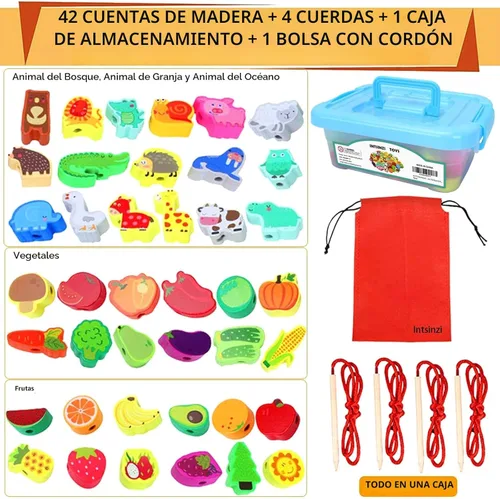 Miniatura 2 de 46 piezas Montessori de madera con cordones de juguetes para niños pequeños, animales educativos para atar frutas, granjas, roscado, cuentas Arcoír