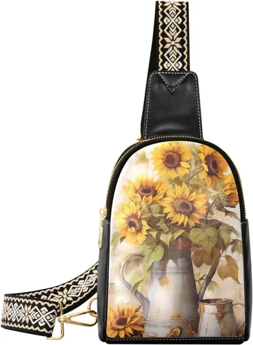 Sling Backpack Sunflower Butterfly Vintage Sling Bag for Women Crossbody Shoulder Bag Leather Fanny Pack Chest Bag for Travel Hiking 202A1219