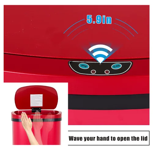 Miniatura 2 de Cubo de basura para cocina de 13 galones (50 litros) con tapa, sensor automático, sin tocar, acero inoxidable, para baño, dormitorio, oficina en Rojo