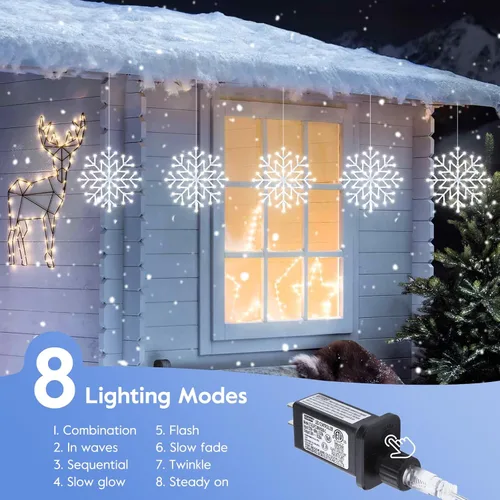 Miniatura 3 de Luces de Navidad Brightown estilo carámbano para exterior - Enchufe de 3.2 m, 5 gotas, 240 LED, luz de ventana con forma de copo de nieve con 8