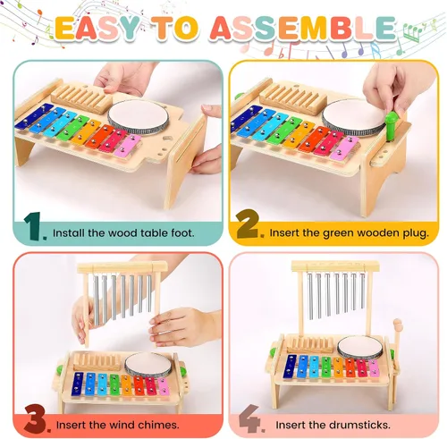 Miniatura 5 de Juego de batería para niños pequeños, juguetes de instrumentos musicales Montessori, juego de batería para niños pequeños, xilófono de madera