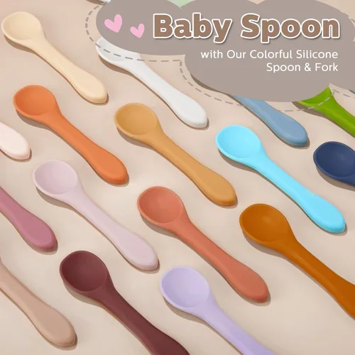 Miniatura 6 de Nuenen Juego de 6 tenedores y cucharas de silicona para bebés, suministros de autoalimentación para primera etapa, mini utensilios para niños