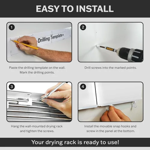 Miniatura 8 de Estante de secado de ropa montado en la pared, retráctil y plegable, 80 cm de ancho, 4 metros lineales, 5 varillas de aluminio resistentes, Blanco