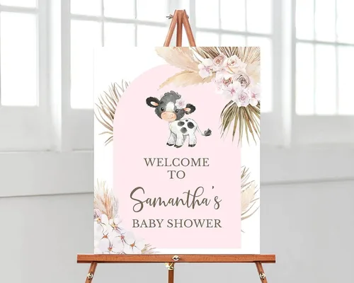 Cartel de bienvenida personalizado de vaca para baby shower, póster bohemio de niña rosa con decoración de hierba de pampas, pancarta