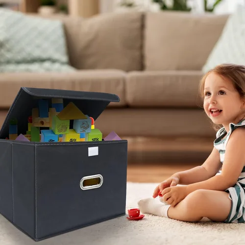Miniatura 5 de STOREONE - Contenedores de almacenamiento de tela en forma de cubo, organizador plegable con tapa y asas metálicas, para el hogar, dormitorio, Gris