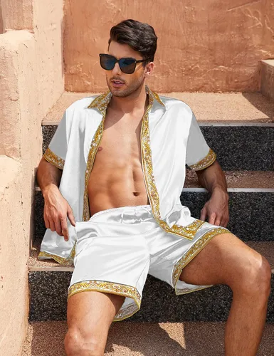 Miniatura 3 de Conjunto de camisa hawaiana y pantalón corto para hombre, conjunto de 2 piezas, estampado de lujo, casual, con botones, manga corta, camisa de satén