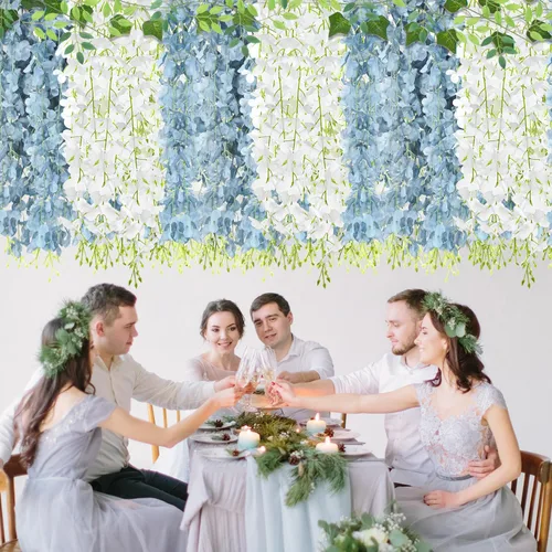 Miniatura 4 de 25 Pcs Artificial Wisteria Hanging Flowers 3.6ft Dusty Blue & White Fake Hanging Flowers Garland Silk Flowers Rattan String Faux Wisteria Vine for