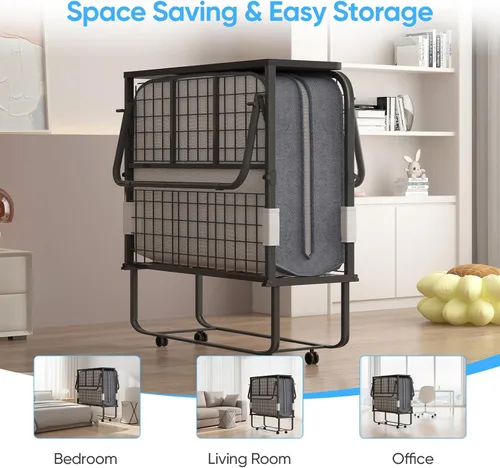 Miniatura 8 de Mjkone Cama plegable con colchón, cama rodante para adultos con cabecero y bolsa antipolvo, cama plegable portátil de 5 pulgadas para huéspedes