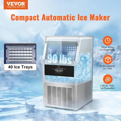 Miniatura 2 de VEVOR Máquina comercial para hacer hielo, máquina de hielo de 90 libras/24 horas con capacidad de almacenamiento de 22 libras, 40 cubitos de hielo