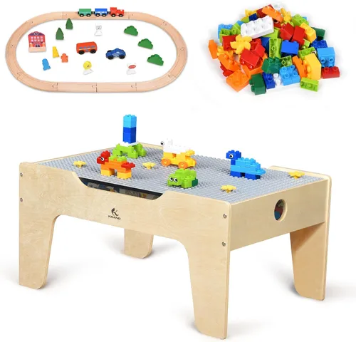 Miniatura 9 de Mesa de Juego de Actividades Todo en Uno para Niños con 290 Ladrillos de Construcción y Set de Tren de Madera de 30 Piezas, Vías, Coches, Pista