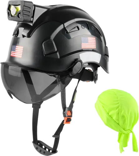 Miniatura 14 de GREEN DEVIL Casco de seguridad con luz recargable para faros delanteros y forro para casco, correa para barbilla, para hombre, ventilada, para Negro