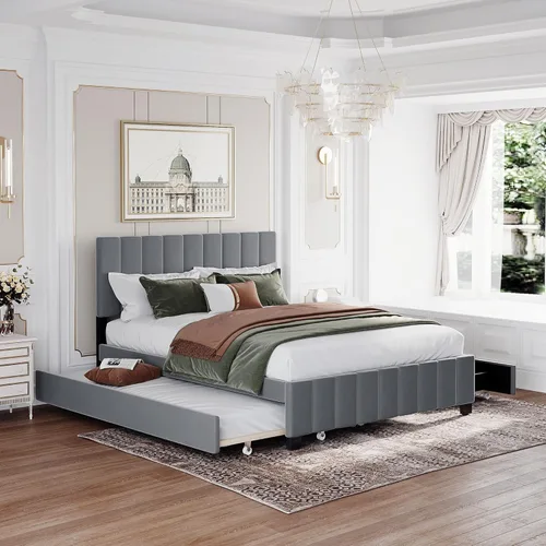 Miniatura 19 de Cama de plataforma tapizada de tamaño matrimonial con nido, cama con plataforma tapizada de vellón de peluche con soporte de listones de madera