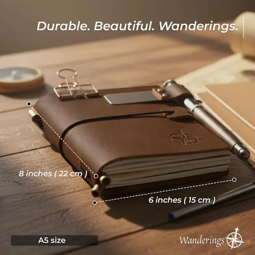 Miniatura 4 de WANDERINGS Cuaderno A5 Travelers hecho a mano, de cuero auténtico, 6 x 8.5 pulgadas, diario de viaje recargable con soporte para bolígrafo