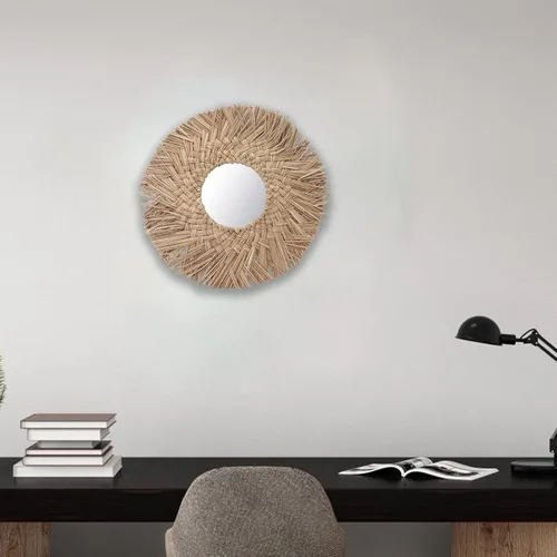 Miniatura 5 de Pssopp Espejo de pared de tejido de paja, espejo de decoración de pared, imágenes HD, hermoso retro, fácil de colgar, decorativo para baño (natural)