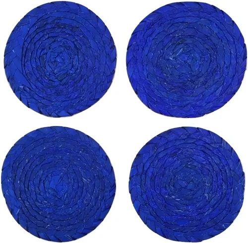 Miniatura 6 de Juego de 4 manteles individuales y posavasos color azul real, estilo de decoración mexicana, ecológicos, hechos a mano, tejidos y reversibles, ideal