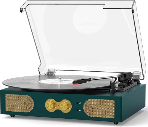 Reproductor de discos de vinilo con altavoces integrados, tocadiscos vintage de 3 velocidades, control de graves/agudos, conector para auriculares,