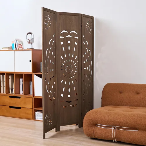 Miniatura 2 de Partición de habitación de madera de 66.9 pulgadas, 3 paneles de estilo bohemio para el hogar, oficina, cabecero y yoga/foto/videollamadas (marrón)