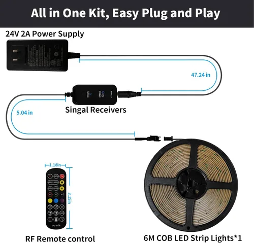 Miniatura 7 de Tira de luces LED de 20 pies COB Smart IC, luces LED RGB de 24V para dormitorio con control remoto RF, botón de aplicación inteligente