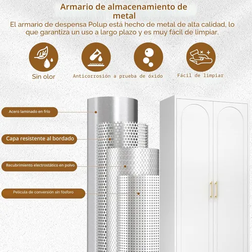 Miniatura 4 de Polup Armario de almacenamiento de metal con puertas y estantes, armario de despensa de cocina de 75 pulgadas de alto, armarios de despensa