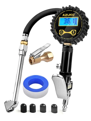 AZUNO Inflador de neumáticos digital con manómetro, 200 PSI, accesorios de compresor de aire resistentes, con manguera de goma, bloqueo en el