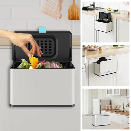 Basurero colgante de acero inoxidable con tapa y cubo interior, contenedor de abono de cocina de 1 galón para encimera, debajo del fregadero o Blanco