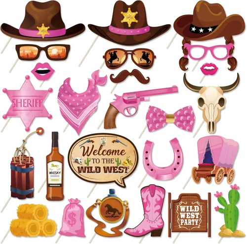 25 piezas de vaquero occidental para cabina de fotos, patrones de cabina de fotos de vaquero, decoraciones de fiesta, recuerdos de fiesta para niñas