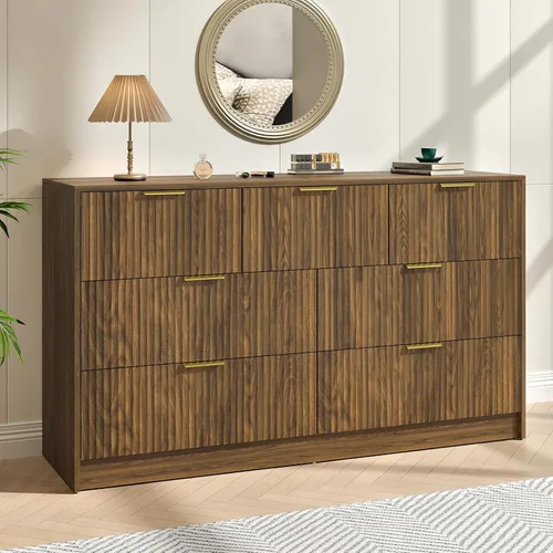 Miniatura 19 de Cómoda negra con 7 cajones, cómoda acanalada de 55 pulgadas de ancho para dormitorio con mango de metal, cómoda, soporte de TV de madera para Negro