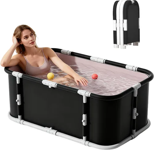 Miniatura 9 de Simcat Bañera plegable portátil grande de 45 pulgadas con marco de metal para adultos (3.9 ft negro puro incluye cojín y tubo de drenaje)