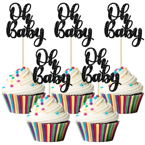 Miniatura 19 de Gyufise 36 piezas de decoraciones para cupcakes Oh Baby, arcoíris rosa y azul con purpurina, para baby shower, revelación de género, cupcakes para B