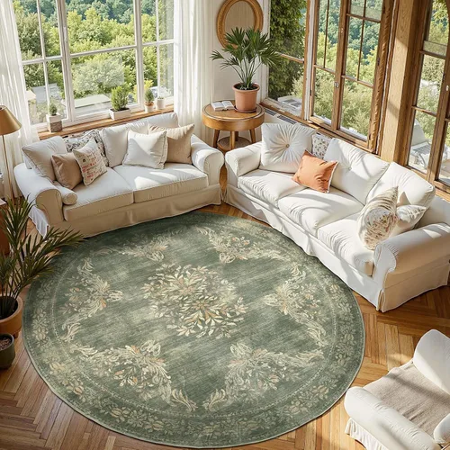 Miniatura 71 de Jinchan Fiora - Alfombra redonda de 8 pies, alfombras vintage con diseño floral envejecido, lavable a máquina, antideslizante, de pelo bajo, Azul