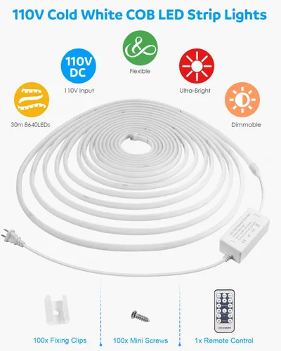 Miniatura 2 de Aclorol Tiras de Luces LED COB de 16.4 Pies para Exteriores, Luz Flexible LED Impermeable AC 110V-120V, Cuerda de Luz LED con Enchufe