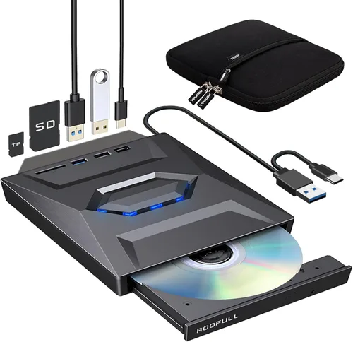Miniatura 10 de ROOFULL Unidad externa de CD DVD USB 3.0 y USB-C con estuche de transporte, portátil USB ROM +/-RW unidad de disco óptico reproductor quemador