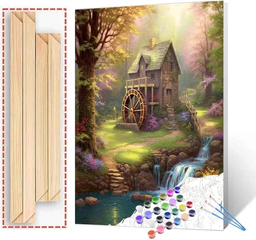 Miniatura 20 de Tucocoo Kit de pintura de flores para casa por números con pinceles y pigmento acrílico sobre lienzo para adultos, paisajes de bosques arroyos