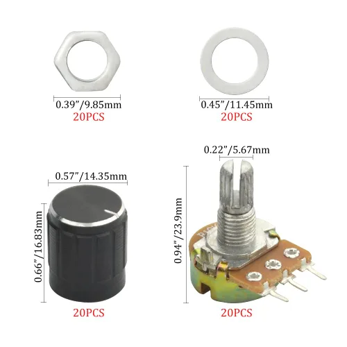 Miniatura 5 de WMYCONGCONG 20 PCS B10K 10K Ohm eje moleteado lineal rotatorio potenciómetro cónico con perilla negra (WH148) Kit