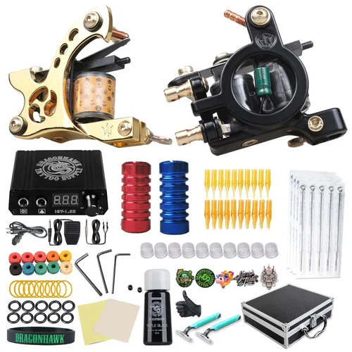 Kit de tatuaje completo: 2 piezas de bobina máquina de tatuaje, pistolas de tatuaje, tintas de color inmortal, fuente de alimentación, agujas para