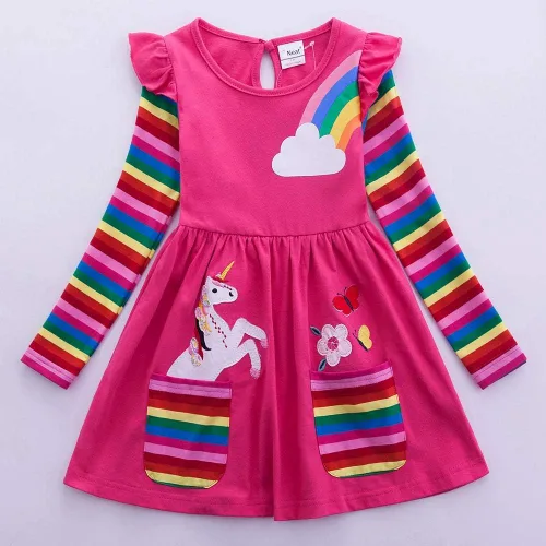 Miniatura 2 de Vestidos de manga larga de algodón con diseño de arco iris para niñas de 3 a 8 años