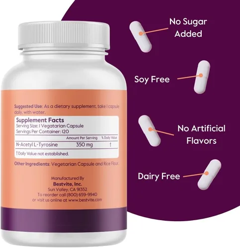 Miniatura 2 de BESTVITE N-acetil L-tirosina 350mg (NALT) (120 cápsulas) - Sin estearatos - Sin OMG - Sin gluten